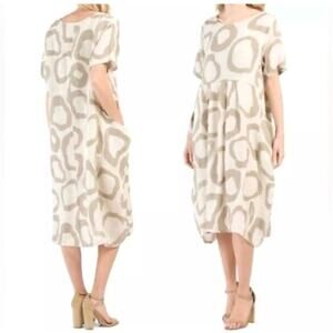 KLASIKS Dress Small Italian 100% Linen Oversized Overlay Pockets Midi Lagan Flax